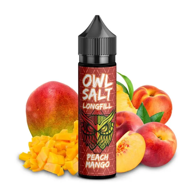 OWL Salt Longfill Peach Mango 60ml Flasche mit Pfirsich- und Mango-Früchten auf rotem Hintergrund