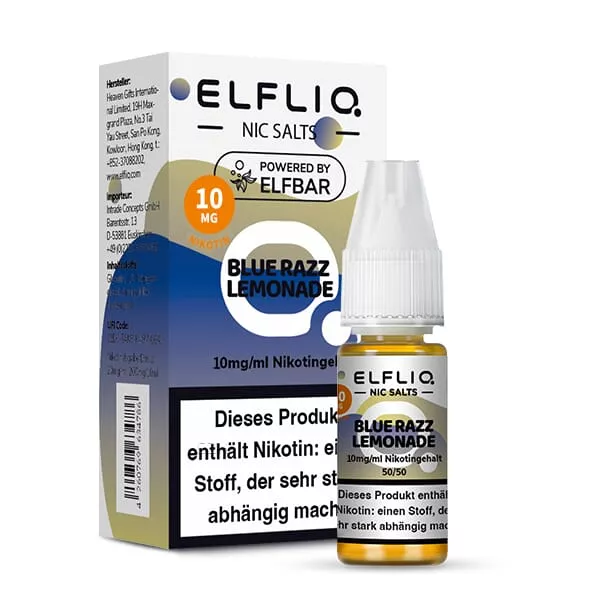 Elfliq Blue Razz Lemonade 10ml Nikotinsalz-Liquid von Elfbar, Flasche mit goldenem Etikett, Vorderansicht