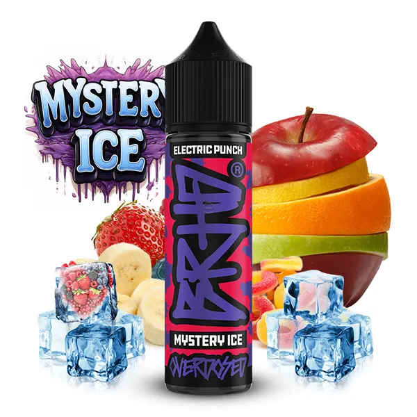 Barehead Electric Punch Mystery Ice Longfill – 60-ml-Flasche mit Früchtemix und Eiswürfeln auf der Verpackung