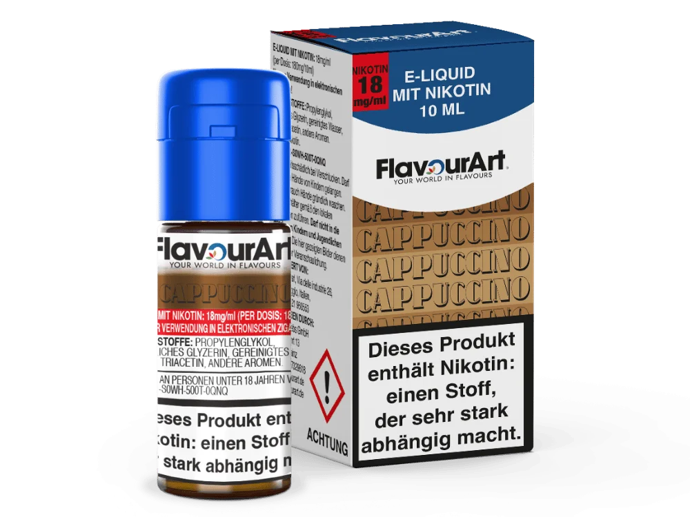 Flavourart Cappuccino 10ml Liquid – braune Flasche mit Schachtel und roter Banderole