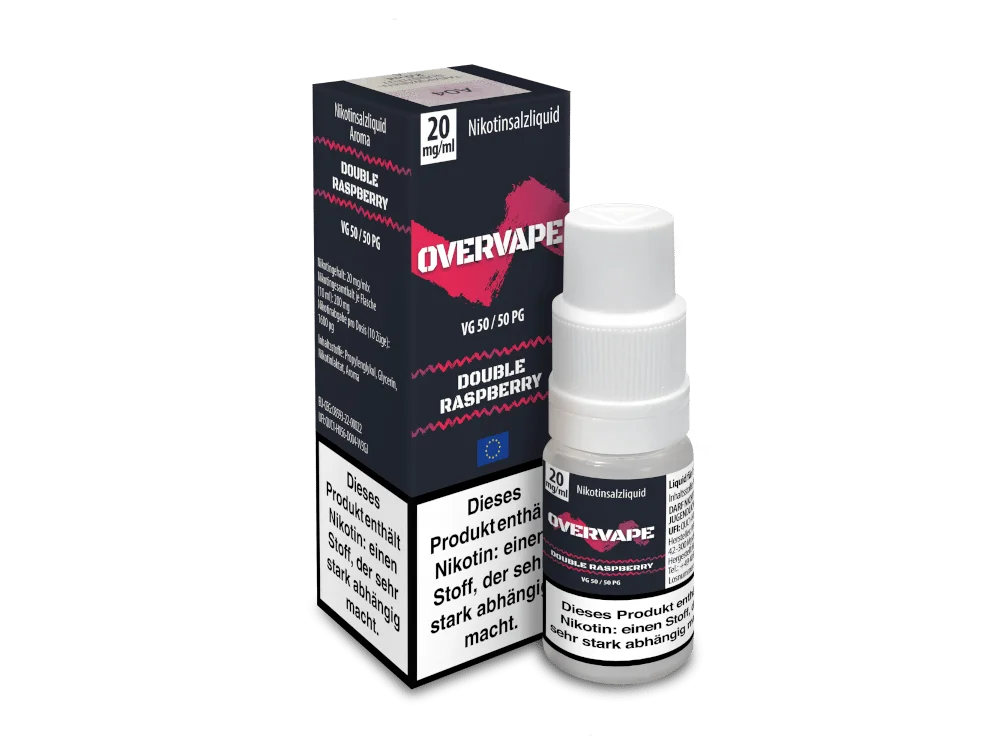 overvape_nicsalt_double-raspberry_20mg_1000x750.png Overvape Double Raspberry Nikotinsalz-Liquid 10ml – Flasche neben dunkler Box, rot-pinkes Design