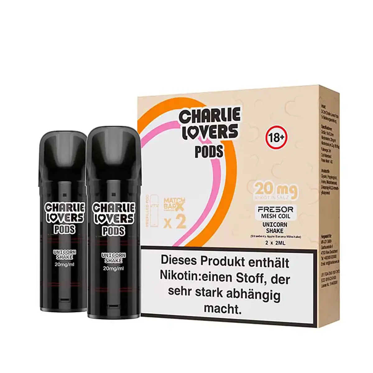 Charlie Lovers Prefilled Pod Unicorn Shake 2er-Pack – zwei schwarze Pods mit beige-brauner Verpackungsbox, 20 mg