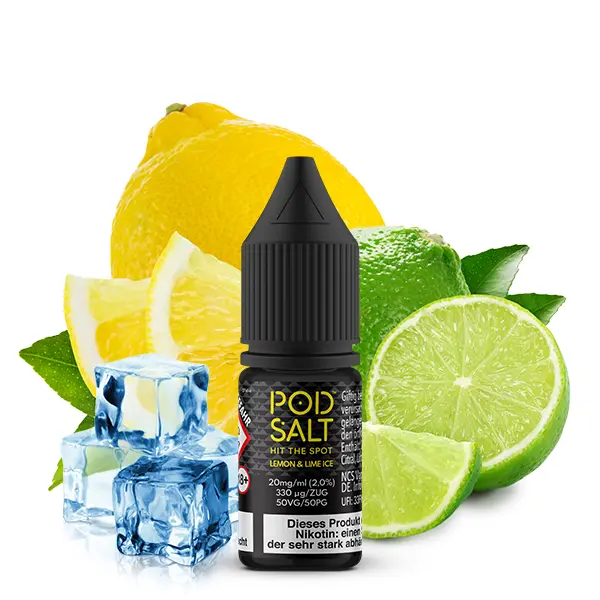 PodSalt Lemon & Lime Ice 10ml Nikotinsalz-Liquid – schwarze Flasche mit Zitrone, Limette und Eiswürfeln