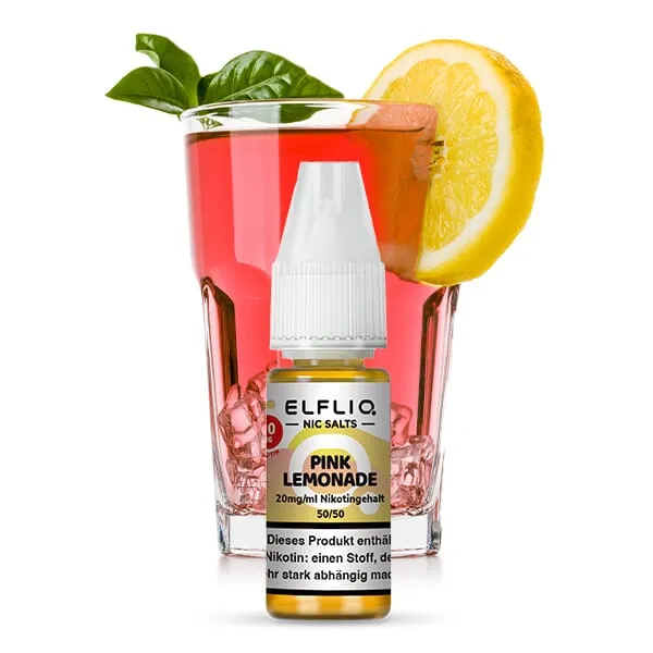 Elfliq Pink Lemonade Nikotinsalz-Liquid 10ml Flasche von Elfbar, rosafarbenes Limonadenglas im Hintergrund