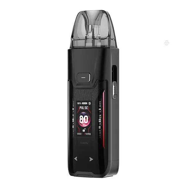 Vaporesso Luxe XR Max 2 Pod Kit in Schwarz mit eingesetztem Pod und beleuchtetem Farbdisplay