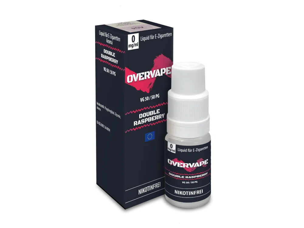 overvape_nicsalt_double_raspberry_0mg_v2_1000x750.png Overvape Double Raspberry Nikotinsalz-Liquid 10ml – Flasche und Verpackung in Nahaufnahme, rot-pinkes Design