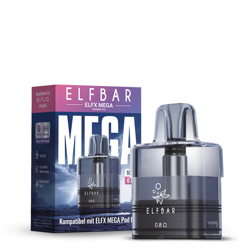 Elfbar ELFX Mega Ersatz-Pod 10ml mit Verpackung, grau-transparenter Pod neben der Schachtel