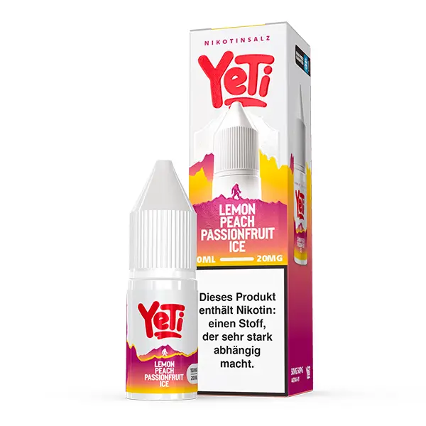Yeti Summit Lemon Peach Passionfruit Ice 10ml Nikotinsalz-Liquid – Flasche mit pink-gelber Verpackung