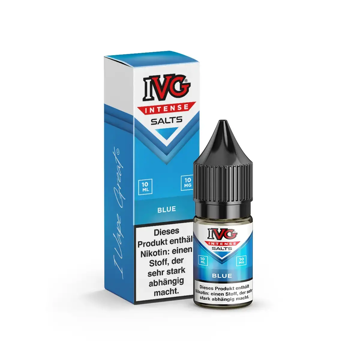 IVG Intense Salts Blue 10ml Nikotinsalz-Liquid – blaue Flasche und Verpackung, Seitenansicht