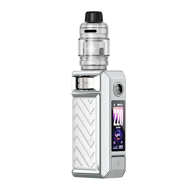 VooPoo Drag 6 Kit in Silber/Weiß mit Rautenmuster und aufgesetztem Tank, Farbdisplay sichtbar