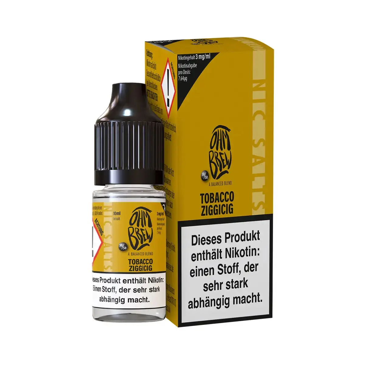 Ohmbrew Tobacco Ziggicig 10ml Nikotinsalz-Liquid – gelbe Flasche mit Schachtel, Tabak-Geschmack