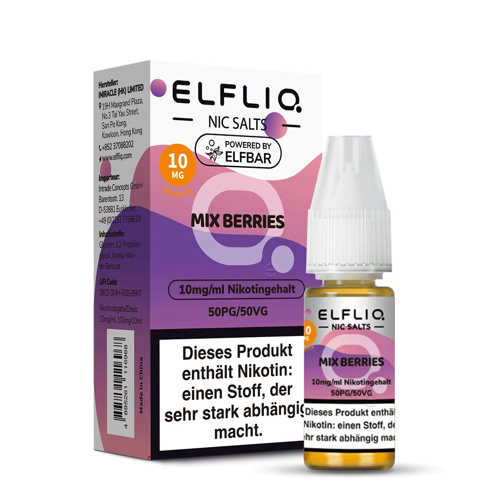 Elfliq Mix Berries 10ml Nikotinsalz-Liquid von Elfbar – 10-ml-Flasche mit lila-violettem Etikett