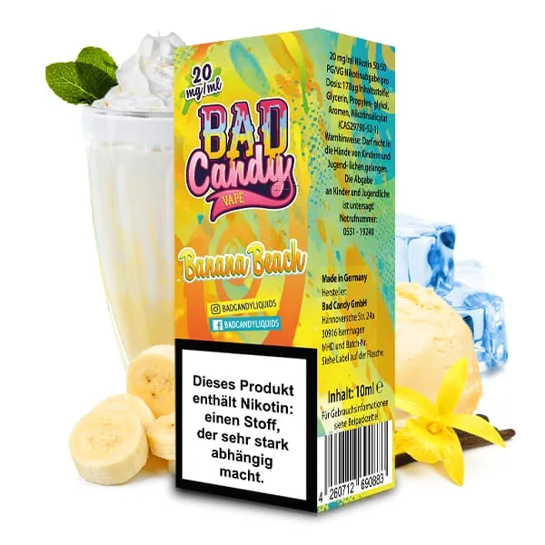 Bad Candy Banana Beach Nikotinsalz-Liquid 10ml Flasche, Vorderseite mit Banane und Vanille