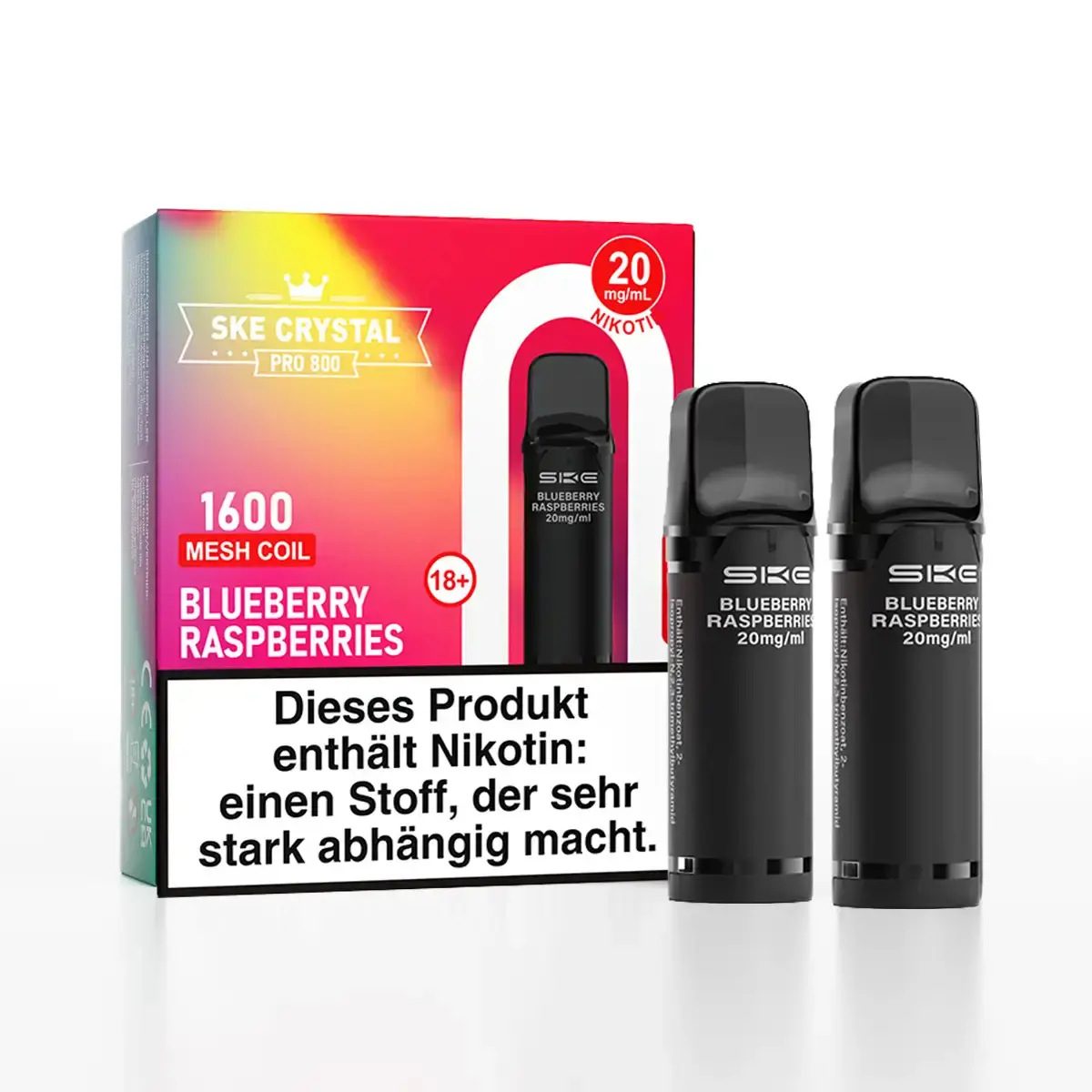 SKE Crystal 800 Pro Prefilled Pod Blueberry Raspberries – Verpackung mit 2 schwarzen Pods, bunter Box, 1600 Mesh Coil