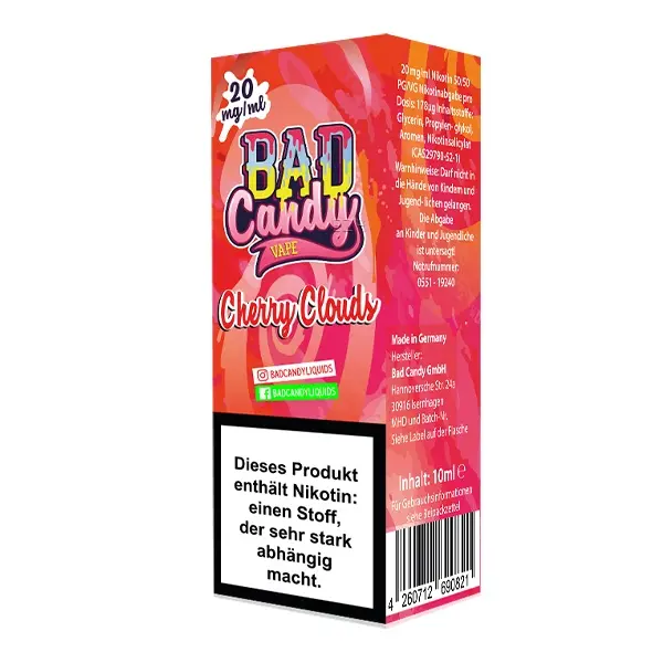 bad-candy-cherry-clouds-nikotinsalz-liquid-10ml-2 Bad Candy Cherry Clouds 10ml Nikotinsalz-Liquid, Rückseite der roten Flasche mit Produktinfo