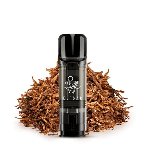 Elfbar Elfa Prefilled Pod Golden Tobacco – einzelner schwarzer Pod vor Tabakblättern