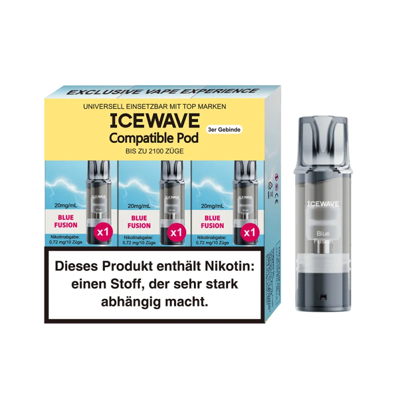 3er-Pack Icewave Compatible Pod Blue Fusion in hellblau-gelber Verpackung mit einzelnem Pod seitlich