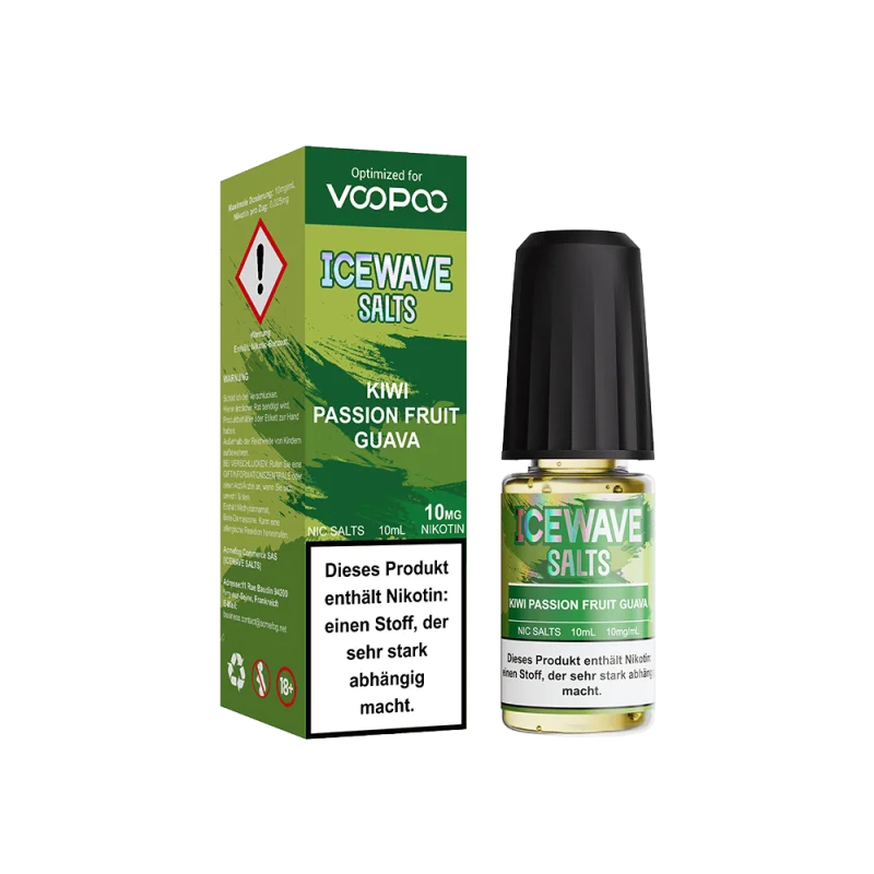 Icewave Salts Kiwi Passion Fruit Guava 10ml Nikotinsalz-Liquid – grüne Schachtel mit Flasche, Vorder- und Seitenansicht