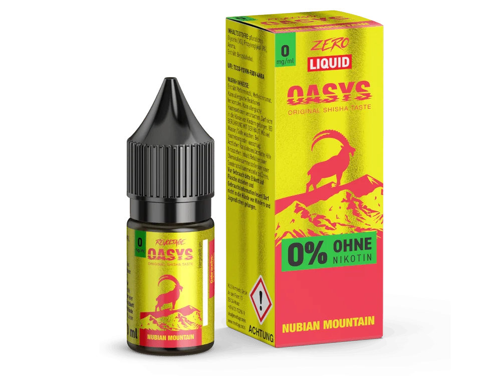 Revoltage Oasys Nubian Mountain 10ml Nikotinsalz-Liquid, gelb-rosa Flasche mit Schachtel, 0% Nikotin