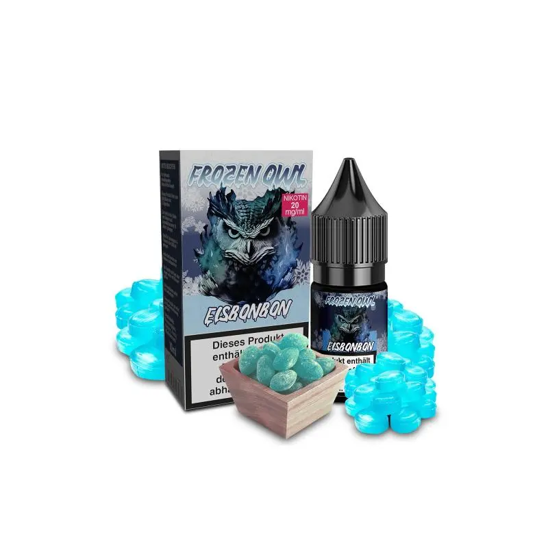 OWL Frozen Owl Eisbonbon Nikotinsalz-Liquid 10ml – Flasche neben Schachtel mit blauen Bonbons
