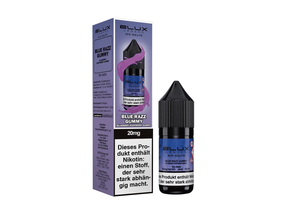 Elux Blue Razz Gummy 10ml Nikotinsalz-Liquid, lila Verpackung mit zwei Flaschen à 20mg
