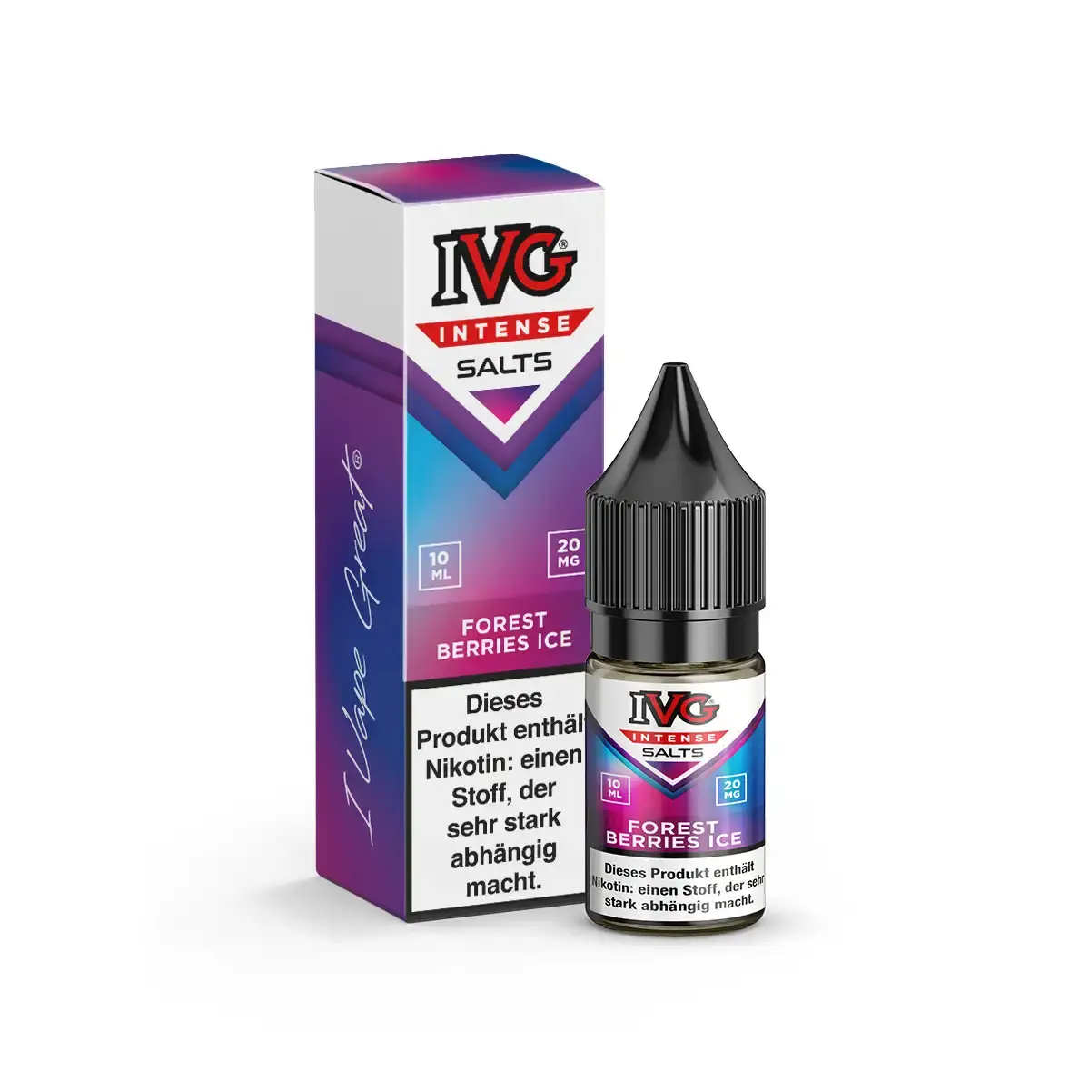 IVG Intense Salts Forest Berries Ice 10ml Nikotinsalz-Liquid – lila-violette Schachtel mit Flasche, seitliche Ansicht