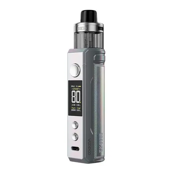 VooPoo Drag X2 Pod Kit E-Zigarette in Silber-Grau mit Display und aufgestecktem Tank, Vorderansicht