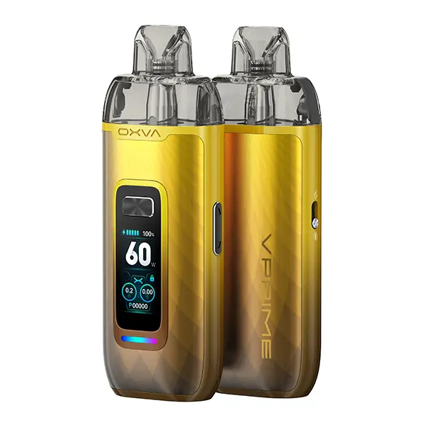 Oxva VPrime Pod Kit in Gold mit Farbverlauf, Vorder- und Seitenansicht mit Farbdisplay und Pod