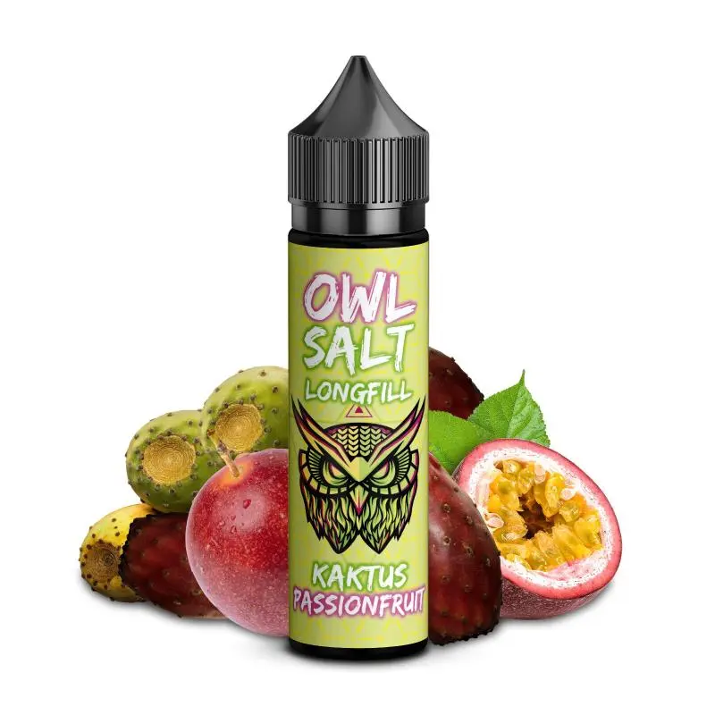 OWL Salt Longfill Kaktus Passionfruit – 60ml Flasche mit grün-lila Etikett, Kaktus und Passionsfrucht im Hintergrund
