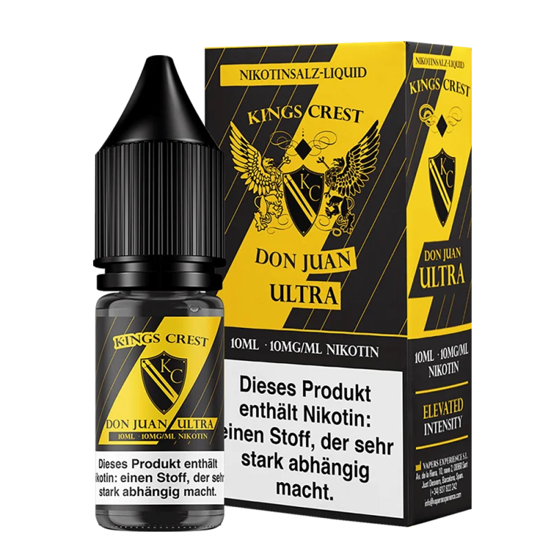 Kings Crest Don Juan Ultra Nikotinsalz-Liquid 10ml – Flasche mit schwarzgelbem Etikett und Karton