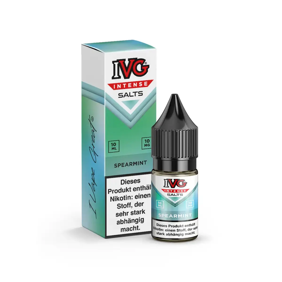 IVG Intense Salts Spearmint 10ml Nikotinsalz-Liquid – mintgrüne Faltschachtel mit Flasche