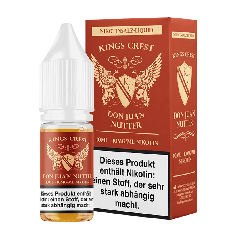 Kings Crest Don Juan Nutter Nikotinsalz-Liquid 10ml – Flasche mit rotem Etikett und Adler-Motiv