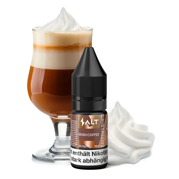 10ml-Flasche vor Irish Coffee mit Sahnehaube – SALT Cristallite Irish Coffee Nikotinsalz-Liquid