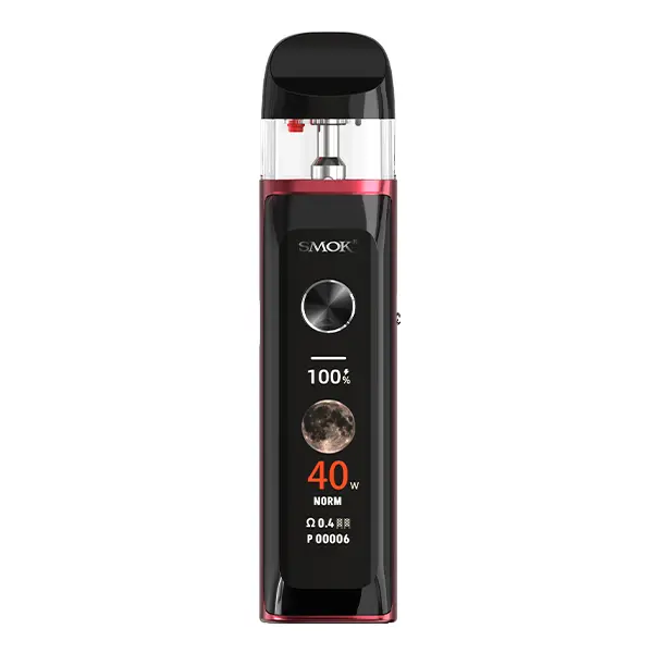 Smok Novo 6 Ultra Pod Kit in Rot-Schwarz, Frontalansicht mit OLED-Display und zwei Bedienknöpfen