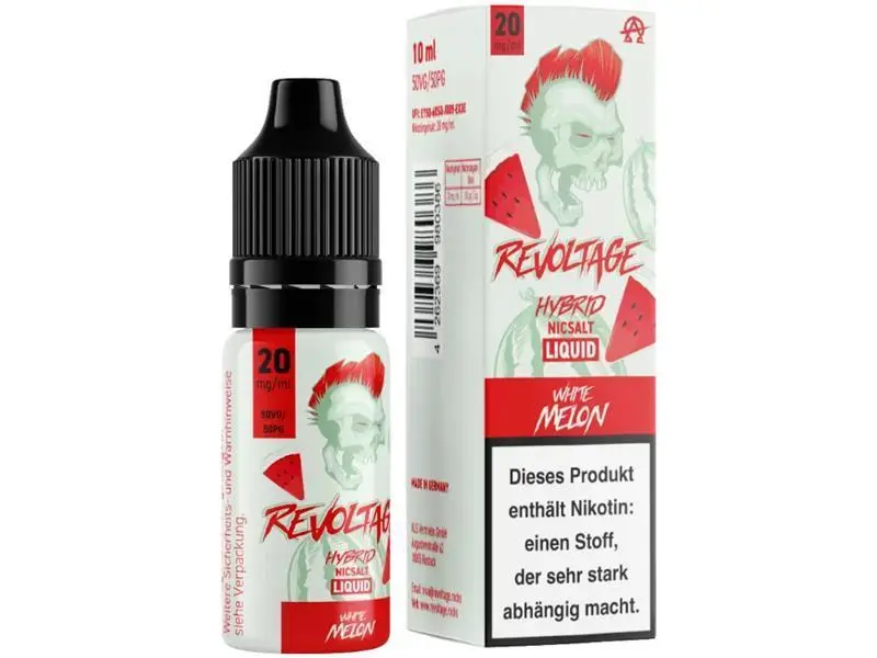Revoltage White Melon 10ml Hybrid-Nikotinsalz-Liquid, zwei Flaschen rot-weiß nebeneinander
