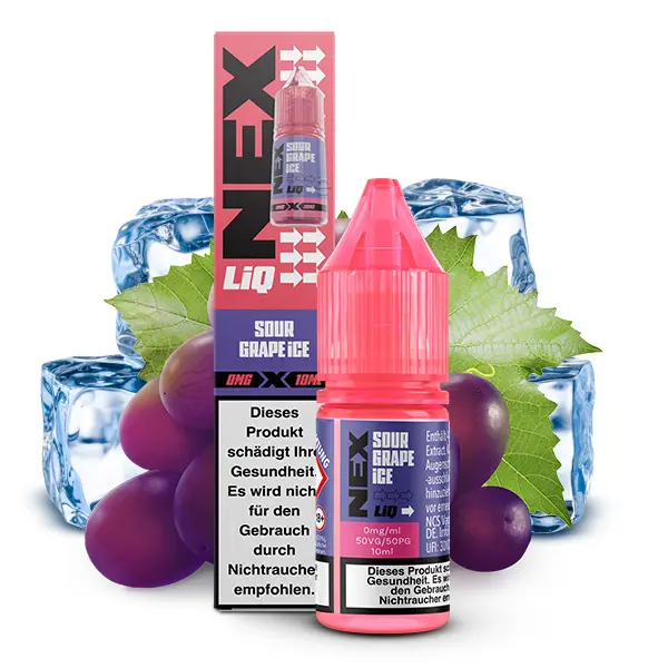 PodSalt NexLiq Sour Grape Ice 10ml Nikotinsalz-Liquid, Flasche mit lila Trauben und Eiswürfeln
