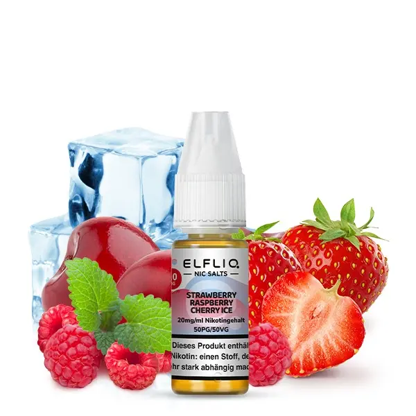 source719070.jpg Elfbar Elfliq Strawberry Raspberry Cherry Ice 10ml Liquid, Flasche mit Erdbeeren, Himbeeren und Eiswürfeln