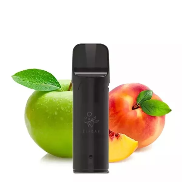 Elfbar Elfa Prefilled Pod Apple Peach 20mg, schwarzer Pod vor grünem Apfel und Pfirsich