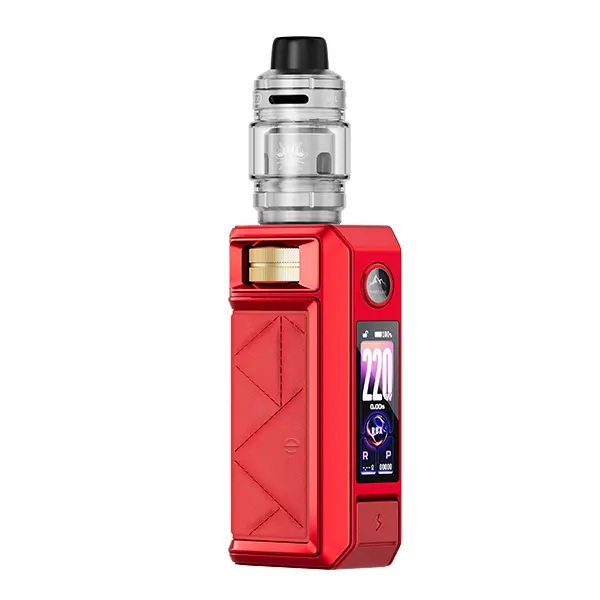 VooPoo Drag 6 Kit in Rot mit aufgesetztem Tank, Frontansicht mit farbigem Display