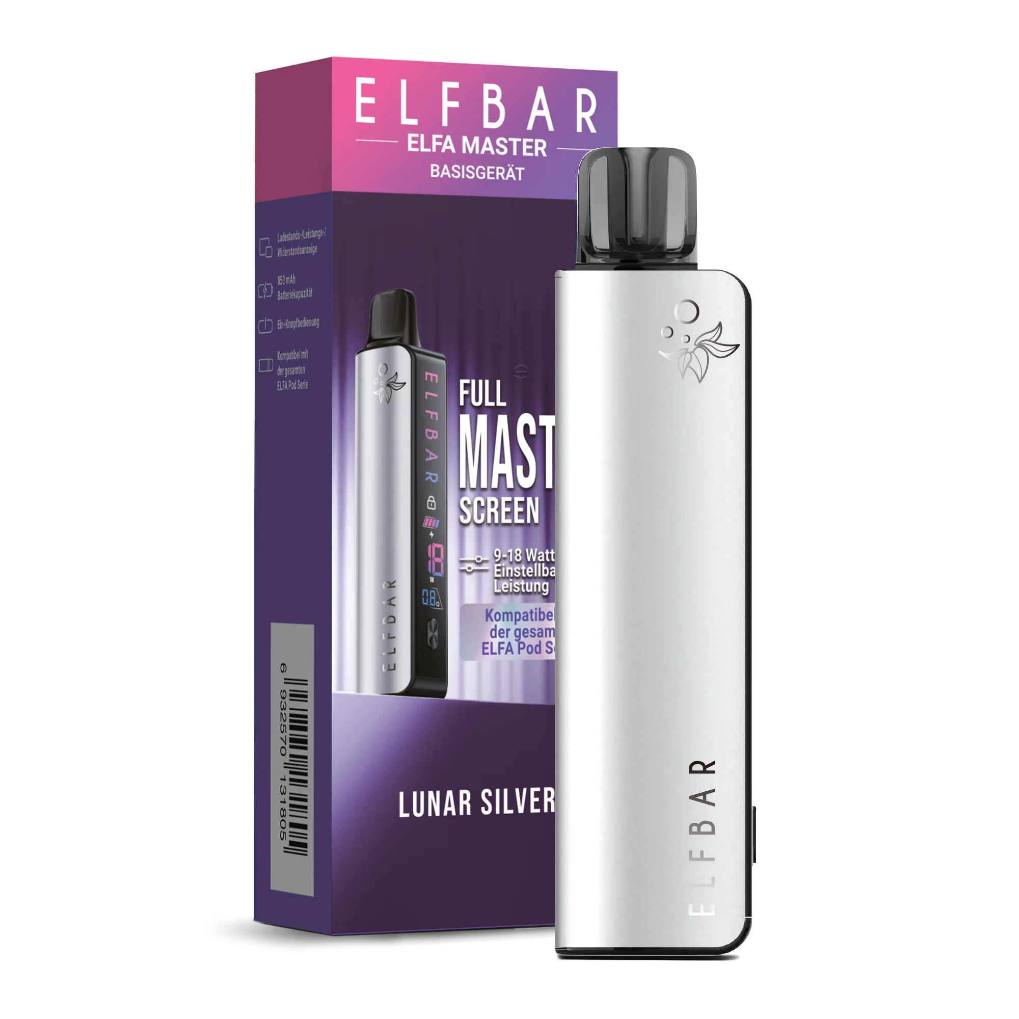 Elfbar Elfa Master Basisgerät in Lunar Silver – silbernes Gerät mit lila-silberner Verpackung