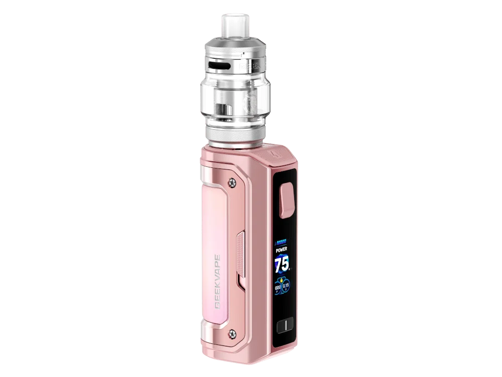 geekvape_aegis_mini_5_kit_sunset_rose_1000x750.png GeekVape Aegis Mini 5 E-Zigaretten-Set in Rosé-Pink metallic mit aufgesetztem Verdampfer, Frontansicht