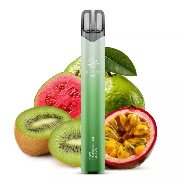 Elfbar 800 Einweg E-Zigarette in Grün mit Kiwi und Passionsfrucht im Hintergrund, 20 mg/ml