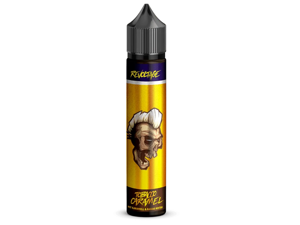 Revoltage Longfill-Flasche 30ml mit gelbem Etikett und Kochfigur-Motiv, Tobacco Caramel