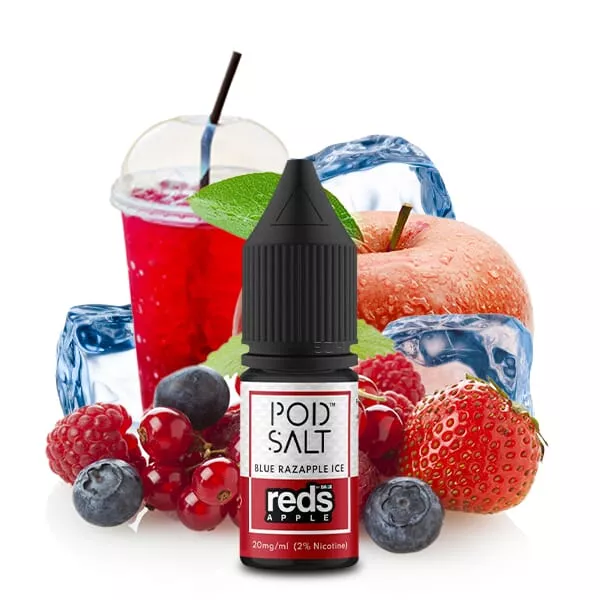 PodSalt Fusion Reds Apple Blue Razapple Ice 10ml Nikotinsalz-Liquid Flasche vor Früchten und Getränken