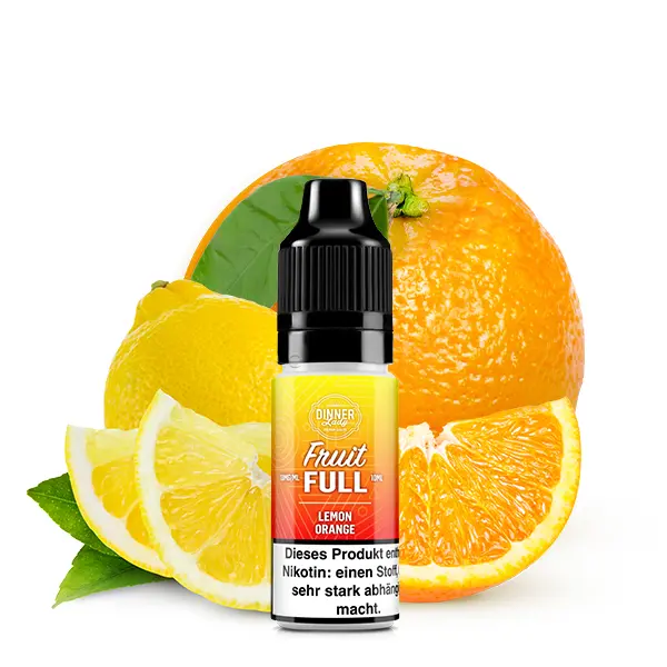 Dinner Lady Fruit Full Lemon Orange 10ml – Nikotinsalz-Flasche vor Zitronen und Orange auf gelbem Hintergrund