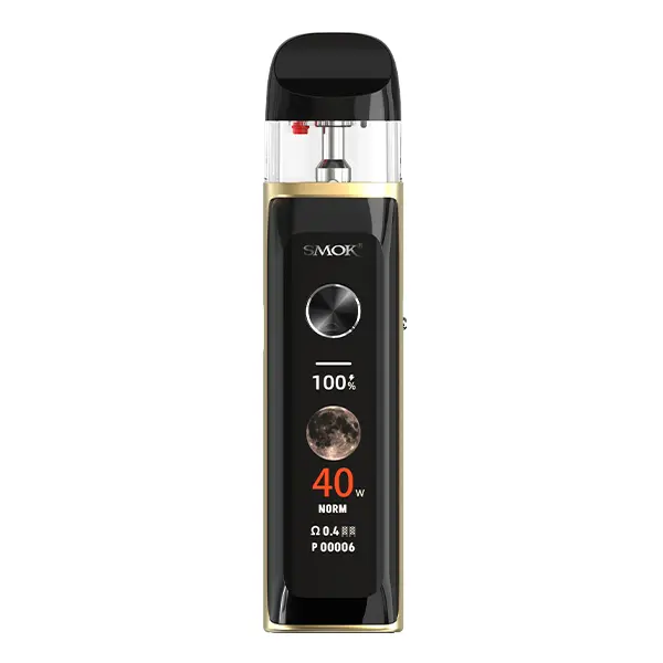 Smok Novo 6 Ultra Pod Kit in Schwarz-Gold mit Display, zeigt 100% Akku und 40W Leistung
