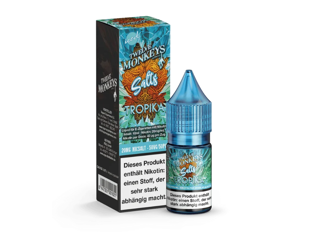 Twelve Monkeys Iced Tropika 10ml Nikotinsalz-Liquid – blaue Flasche mit oranger Verpackung