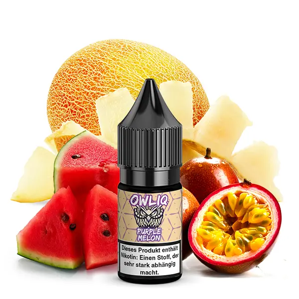 Owliq Purple Melon 10ml Nikotinsalz-Liquid Flasche mit Melone, Wassermelone und Maracuja im Hintergrund