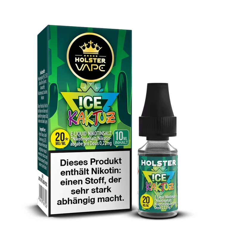 Holster Ice Kaktuz 10ml Nikotinsalz-Liquid, grün-gelbe Verpackung mit 20mg Nikotinstärke und Flasche