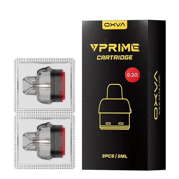 Oxva VPrime Ersatz-Pod 2er-Pack, 4ml, 0,3 Ohm – zwei Pods mit rotem Metallring in Verpackung